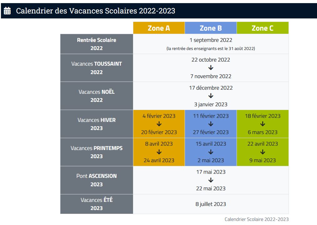 calendrier scolaire 22 23